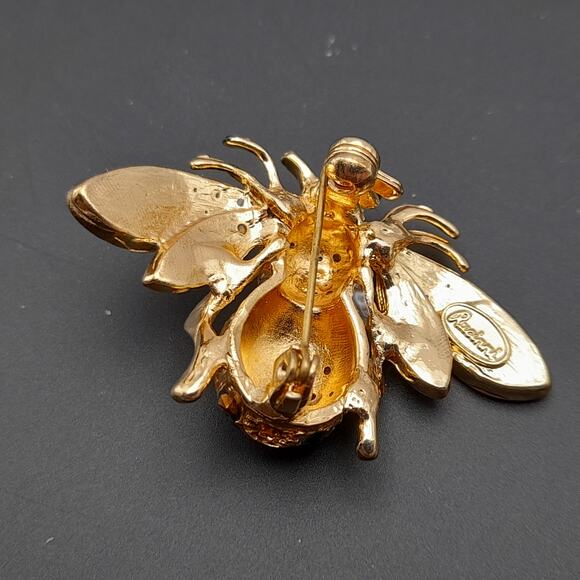 Bee Gold Plated Brooch, Insect Pin Clear Black Yellow Rhinestones Signed Ricinni - Picture 7 of 11